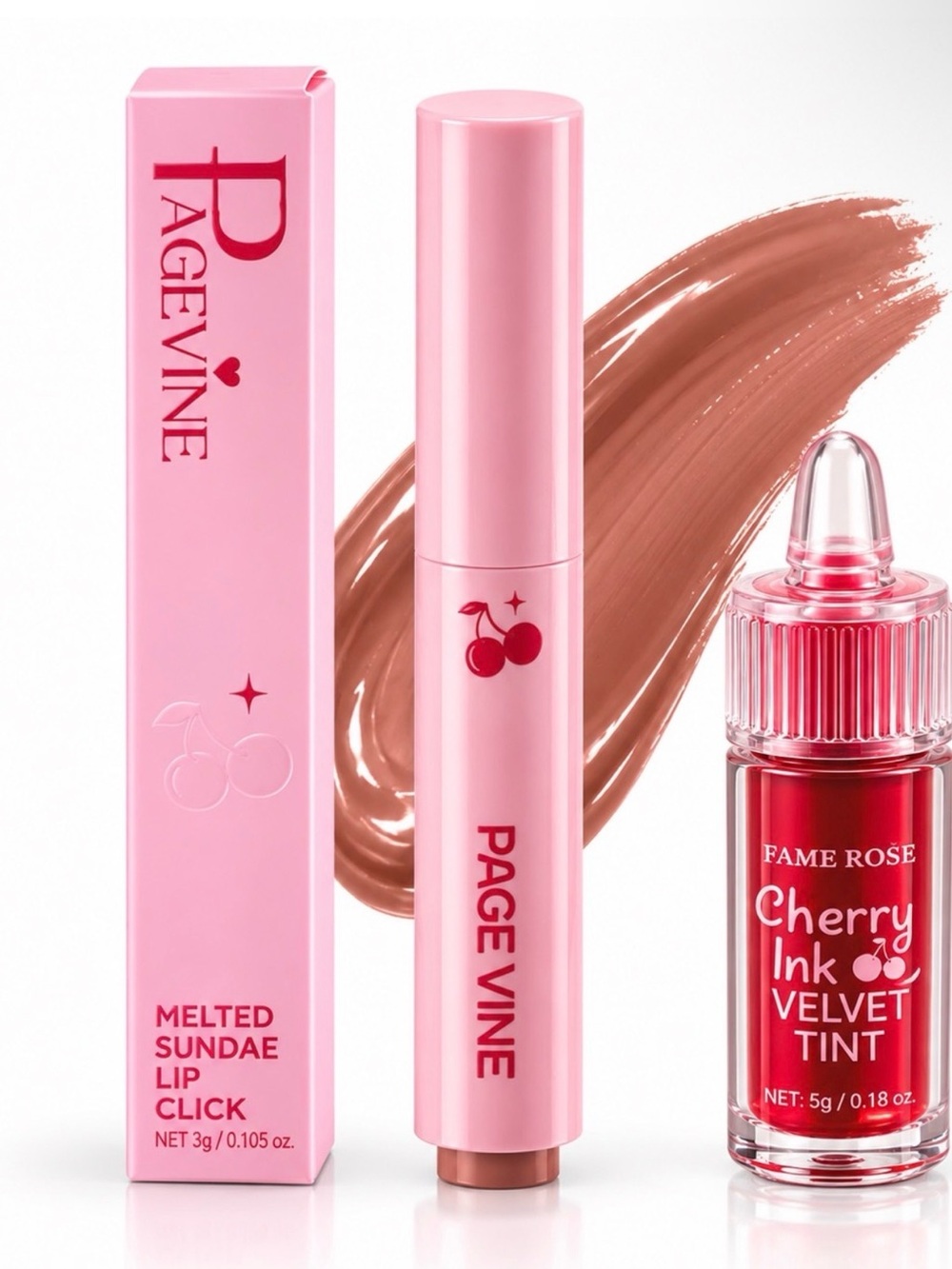PageVine Melted Sundae Lip Click & Fame Rose Cherry Ink Velvet Tint